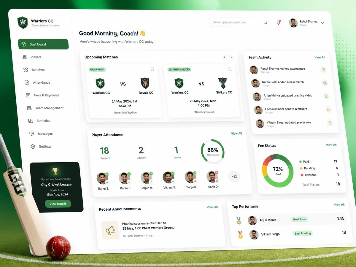 CricKizuna dashboard: upcoming matches, availability and fee status